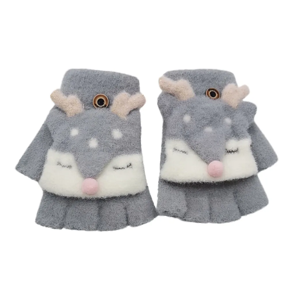 Winter Christmas Kids Baby Boy Girl Warm Gloves Half Finger Antler Convertible Flip Half Finger Gloves Top Mittens Gloves