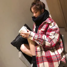 Женское шерстяное пальто в красную клетку из хлопка, осень и зима, повседневное женское короткое цветное клетчатое пальто, Отправка почтой