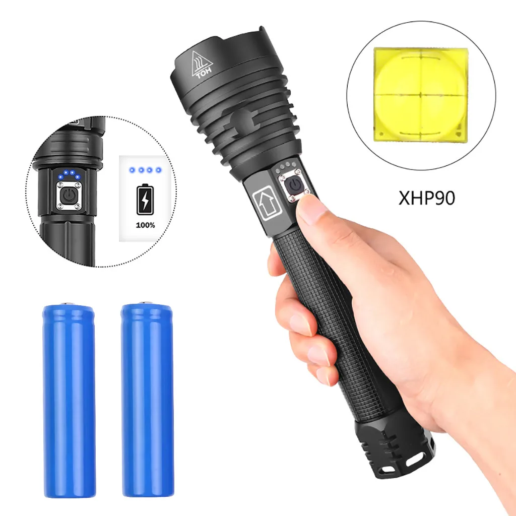 

Super Powerful LED Flashlight XHP90 Tactical Torch USB Rechargeable Waterproof Lamp Ultra Bright Lantern Camping 2500LM