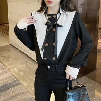 

Women Shirt 2020 Spring New Bow Retro Long-Sleeve Shirt Color Block Double Breasted Women's Tops Blouse Female Shirts