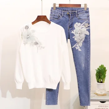 

Women's Clothing Two Piece Set 2018 Autumn Fashion Bead Sequins Three-dimensional Sweater + Body Training Jeans Denim Pants Set