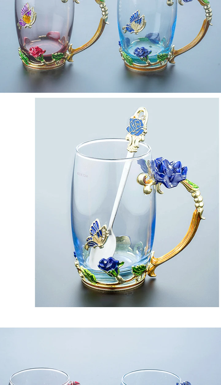 Beauty And Novelty Enamelled glass Coffee Cup Flower Tea Cups for Hot and Cold Drinks Teacup Spoon Set Perfect Fashion Gift