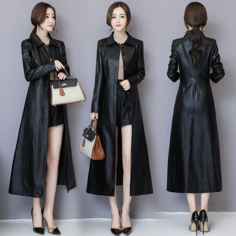 Black Модная женская куртка X-long из искусственной кожи на зиму и осень размера плюс 5 xl, пальто из искусственной кожи, женские однобортные тренчи, верхняя одежда - Цвет: Black