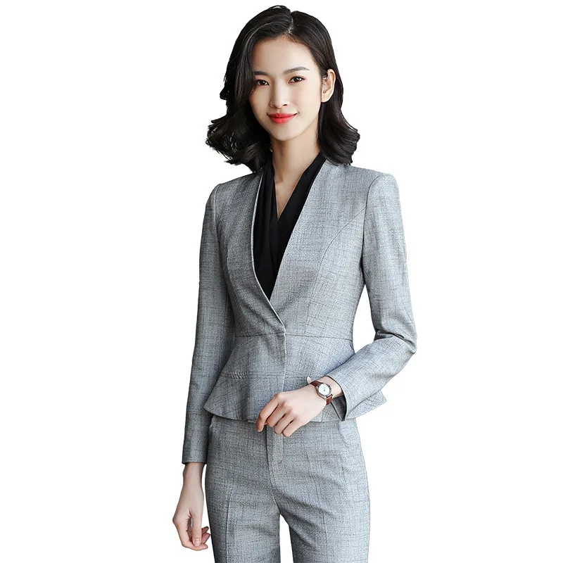 

Women's Uniform Business Pants and Jacket Suits Working Woman Suite Black White Grey Ladies Office Wear Formal Two Piece Outfit