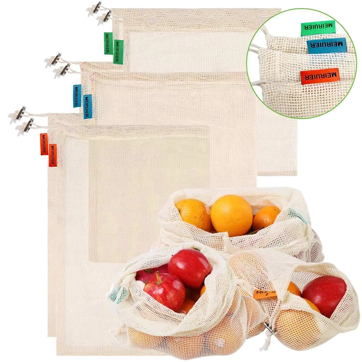 

Reusable Cotton Fruit Mesh Bags Eco-friendly Bag Home Kitchen Fruit Vegetable Storage Bags with Drawstring Machine Washable