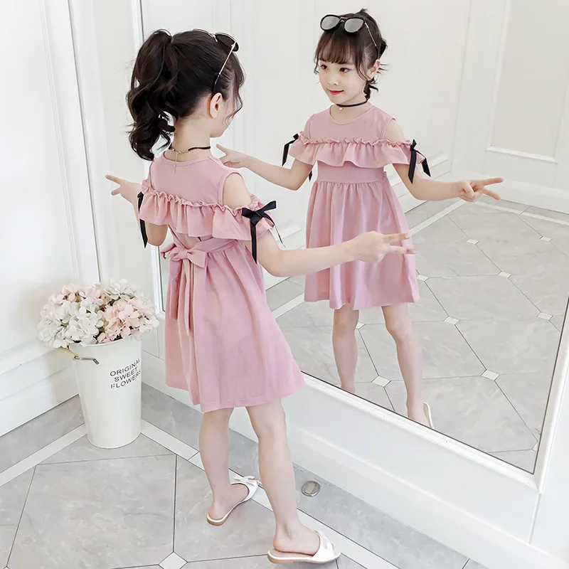 

2019 New Style Korean-style Girls off-Shoulder Dress Big Boy Girls New Style Sleeve Edge off-Shoulder Dress