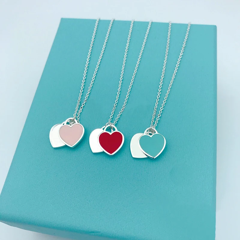

2020 clÃ¡sico plateado, azul, rosado, collar de dos corazones 925, que ofrece a una mujer encantadora una joya de amor elegante.