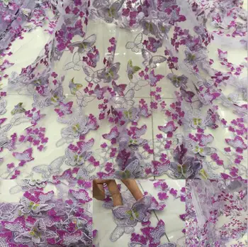 

3D Purple Butterfly With Color Line Embroidered Tulle Lace Africa Mesh Lace Fabric Sewing For Party Wedding Dress Patchwork