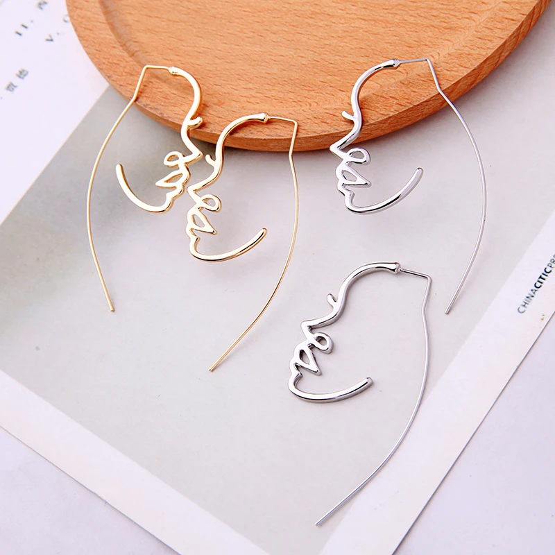 

Abstract Face Earrings Gold Color Hollowed Personalized Statement Drop Earrings For Women Fashion Jewelry 2019 New