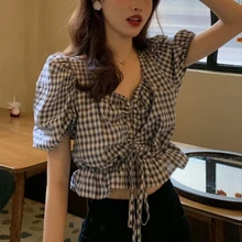 Aliexpress - Casual Korean Plaid Blouse Women Summer Shirring Designer Loose Sweet Party Shirt Female High Street Holiday Women’s Blouse 2021