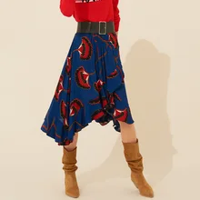 Вискоза Женская юбка миди с принтом с оборками и поясом с завязками