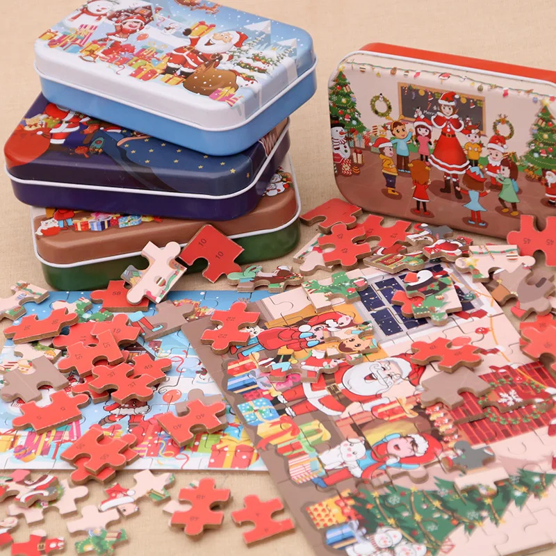 4 Colors 60pcs/set Children's Wooden Christmas Puzzle Mini Santa Claus Illustration Xmas Jigsaw Brain Games For Baby Kids Toy