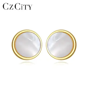 

CZCITY Exquisite Small Round Stud Earrings for Women Girls Dating Transparent White Natural Shell 925 Silver Fine Jewelry FE0248