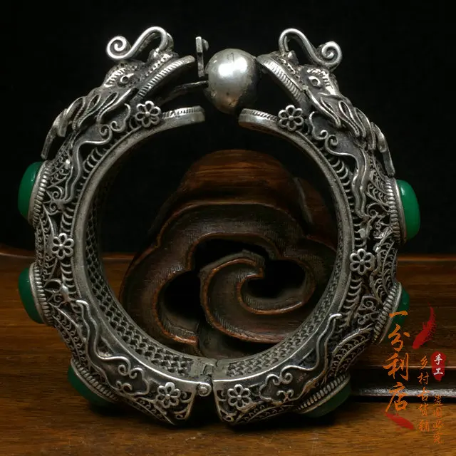 

China folk old ruby Tibetan silver Cloisonne inlaid with greenstone jade Bracelet Noble bracelet 009