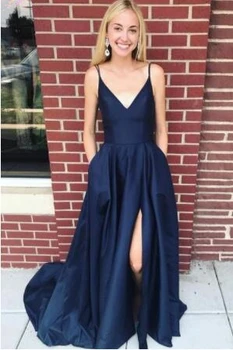 

Royal Blue Prom Dresses With Pocket Deep V-Neck Cheap A-line Evening Gowns Custom Made Stain vestidos de fiesta de noche
