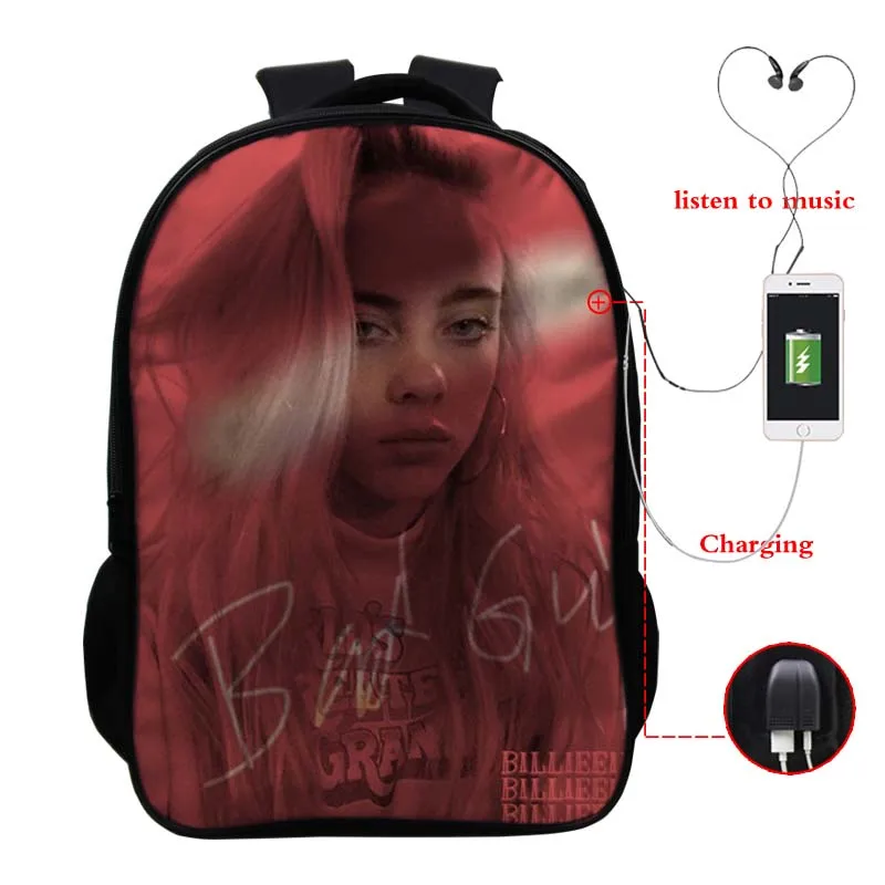Высокое качество Billie Eilish USB зарядка рюкзак для мужчин и женщин мальчиков и девочек подростков рюкзак usb зарядка школьный рюкзак модная сумка