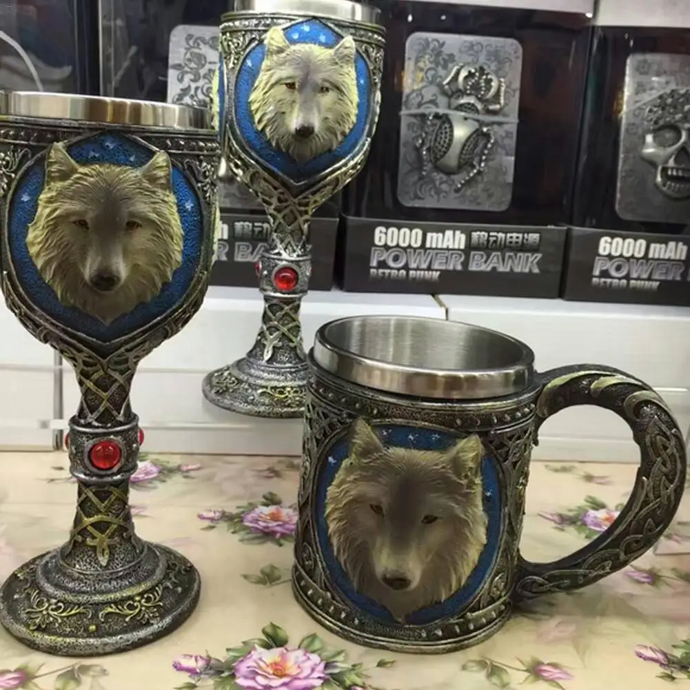

Free Shipping 1Piece Wolf Beer Mug Cool Celtic Resin Stainless Steel 3D Wolf Goblet Drinkware Mug Gothic Dinner Party Decor