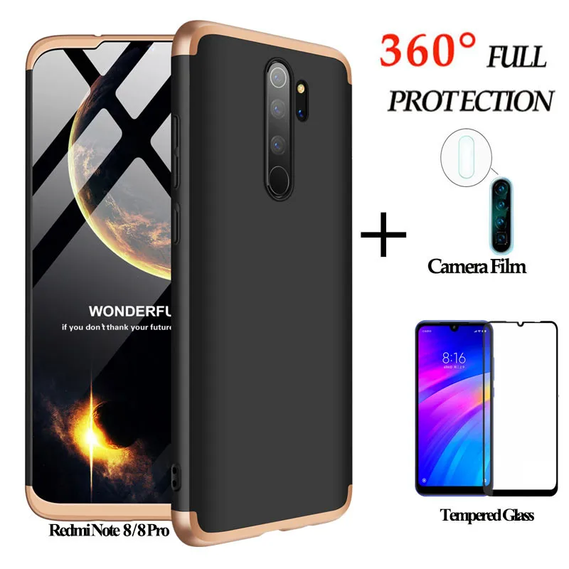 3-в-1 Стекло+ матовый защитный чехол xiaomi redmi-note-8-pro камера пленка redmi note 8 полная защита жесткий чехол телефона с рисунком в виде крышка note8 pro чехол редми ноут 8 про чехол редми ноут 8 - Цвет: goldblack caseglass