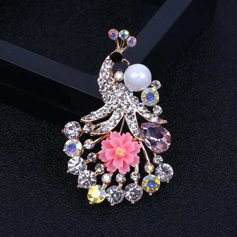 

Crystal Rhinestone Brooch 30mm x 50mm Colorful Flower Water Drop Glass Peafowl Peacock Shaped Breastpin for Women Girls Jewelry