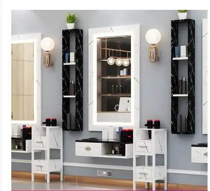 Barber's mirror table hanging wall solid wood cabinet mirror LED lamp marble ironing and dyeing