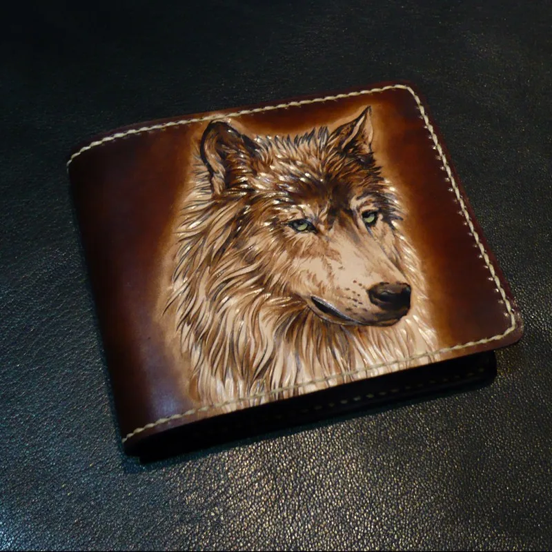 Wolf Leather Wallet Clutch Engraved Wolf Large and roomy