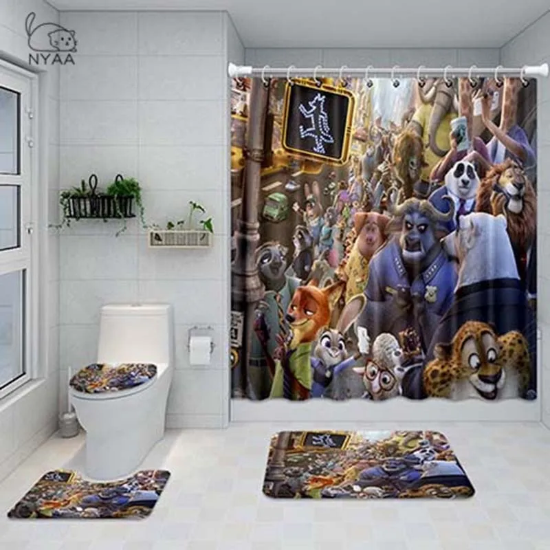 

NYAA 4 Pcs Rabbit Shower Curtain Pedestal Rug Lid Toilet Cover Mat Bath Mat Set For Bathroom Decor
