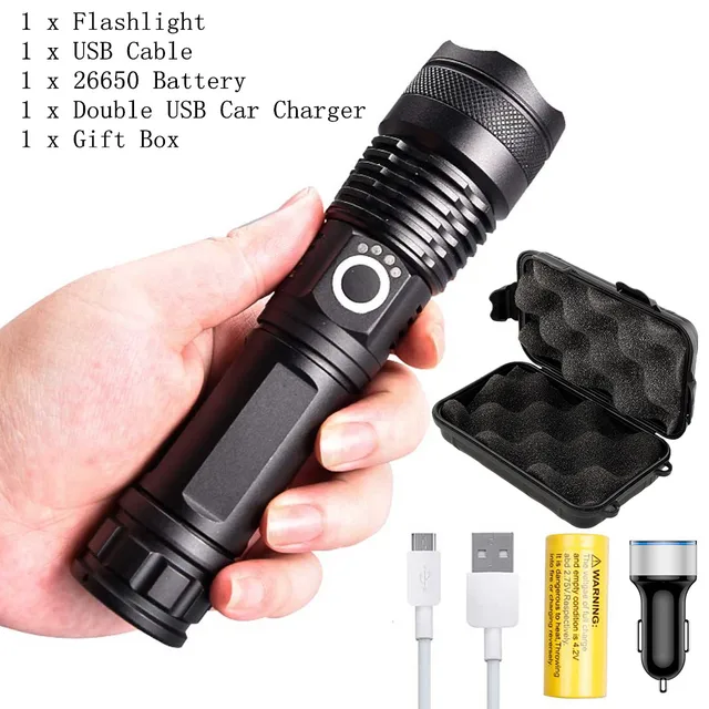 linterna recargable con USB, de mano táctica con batería de 18650 o 26650, para acampar al aire libre|Linternas y antorchas| - AliExpress