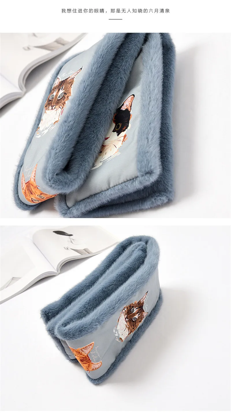 Cartoon Animal Print Scarf Women Sweet Splicing Color Faux Fur Plush Cross Thick Scarf Girls Elegant Fluffy Winter Warm Scarves
