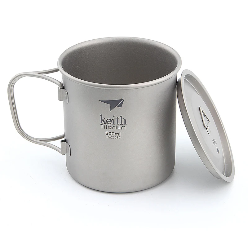 Keith Titanium Cup Titanium Water Mugs Camping Cups Ultralight Travel Mug With Folding Handle Titanium Lid Drinkware 300ml-900ml 2