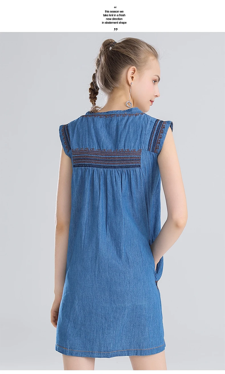 Свободное джинсовое платье без рукавов в национальном стиле; Vestidos Invierno Mujer; синее летнее платье с вышивкой; ropa mujer K2008