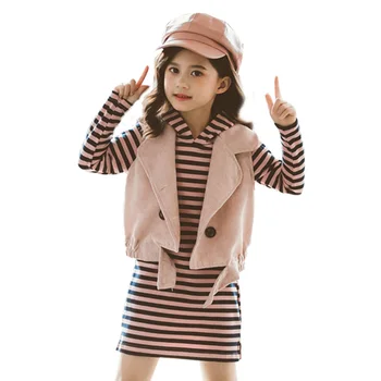

2020 Kids Clothes Girl Corduroy Vest + Dress 2 Pcs Suit For Girls Striped Hooded Girls Clothes Set Fashion Spring Suit For Girls
