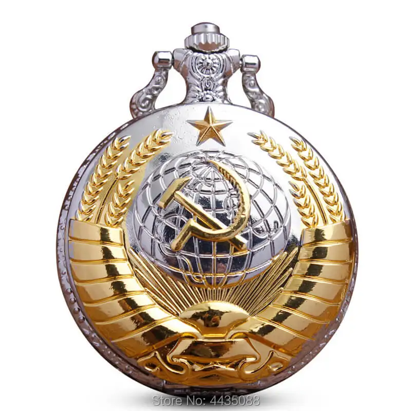 Golden Soviet Badges Sickle Hammer Pocket Watch Retro Quartz Necklace Watches Chain Pendent Hours Clock