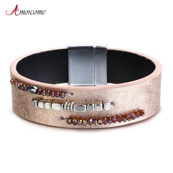 

Amorcome Bling Leather Bracelets for Women Fashion Crystal Beads Metal Charm Bracelet Party Club Jewelry Couple Gifts