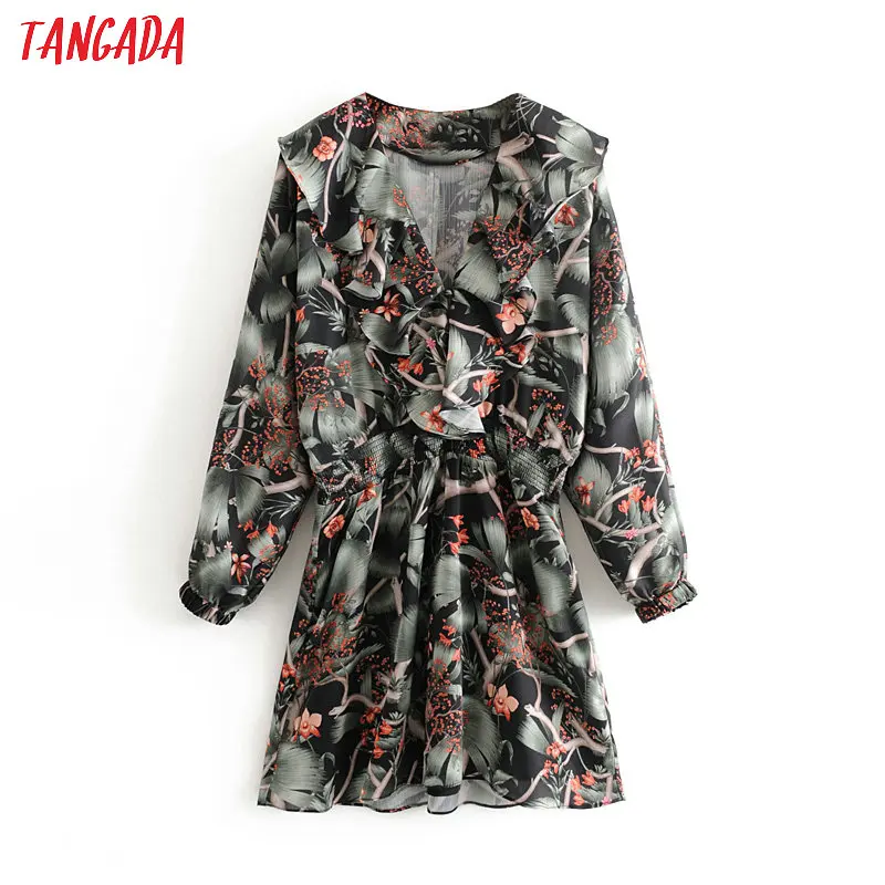 

Tangada women elegant dress floral ruffles v neck long sleeve strethy waist lady mini dresses vestido 3H365
