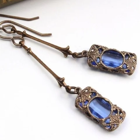 Green Blue Zircon Rhinestones Long Dangle Earrings for Women Antique Bronze Color Drop Earring Female Party Jewelry Gift