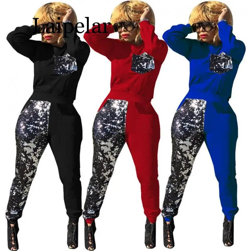 Женский комбинезон из двух частей, Модный повседневный комбинезон с длинным рукавом и круглым вырезом, осенне-зимний черный комбинезон с блестками
