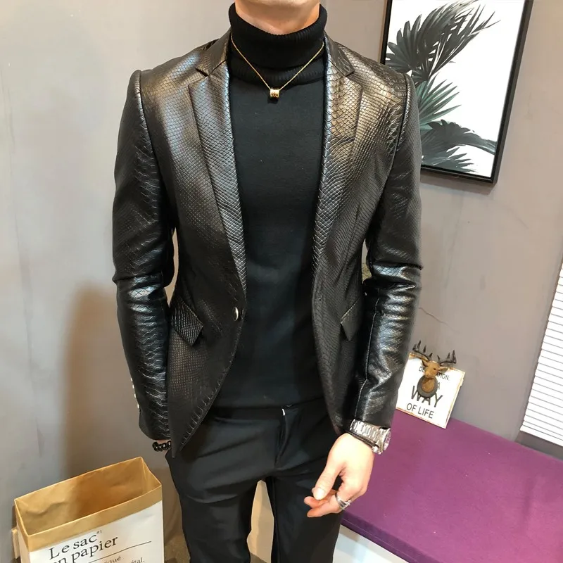 Winter Fleece Pu Leather Jacket Men Autumn Slim Fit Snake Pattern Elegant Business Work Blazer Mens Smart Casual Suit Jackets