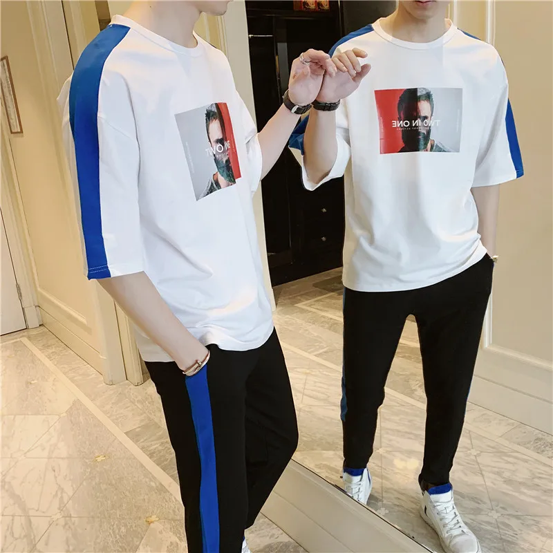 

2019 Summer New Products Fashion Man Loose Fashion Printed Short-sleeved T-shirt Capri Ankle Banded Pants Leisure Sports Suit