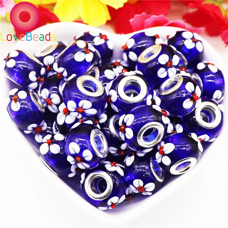 

10 Pcs Big Hole European Round Flower Charms Color Lamowork Glass Beads Fit Pandora Bracelet Bangle Chain Spacer Jewelry Making