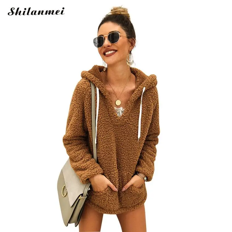 Women Fleece Hoodies Autumn Plush Casual Hooded Pullovers V Neck Female Sweatshirt Winter Warm Pocket Teddy Pullover Mujer - Цвет: khaki