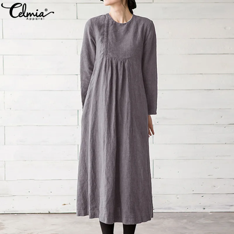 2019 женское осеннее винтажное мешковатое Платье макси с длинным рукавом