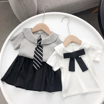 

Knitted Baby Girls T-shirt With Tie Baby Clothes Set Tops + Skirt 2pcs Cotton Toddler Clothing Set Kids T-shirt Set Overalls