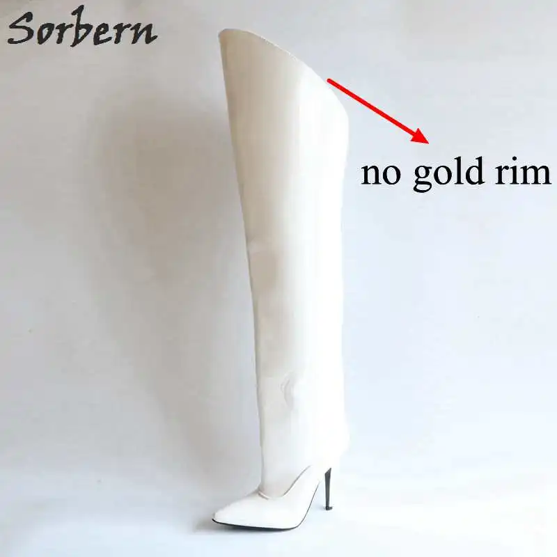 No Gold Rim Sorbern/Сапоги выше колена на шпильке 12 см; женские сапоги до середины голени на заказ золотого цвета; лакированные белые Фетиш-сапоги на высоком каблуке - Цвет: No Gold Rim