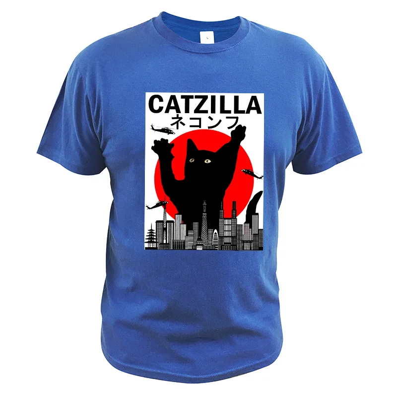 Catzilla футболка японский закат стиль кошка Винтаж котенок Любовник подарок футболка Crewneck мягкие черные топы хлопок