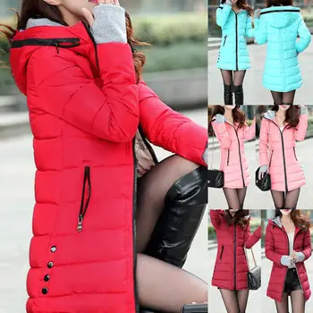 

New Women Long Sleeve Pockets Zipper Waist Tight Cotton Padded Warm Hooded Coat