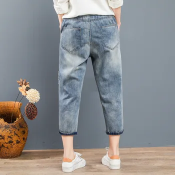 

High Waisted Jeans Woman Embroidery Holes Cotton Denim Harem Pants Female Spring Summer 2020 Korean Capri Pants Plus Size XXXL