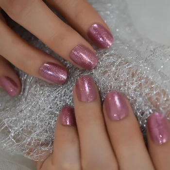 

Super Shimmer Quality Glitter False Nails Pink Short Round Shape Faux Ongles Gorgeous Manicure Pre-designed Nail Daily