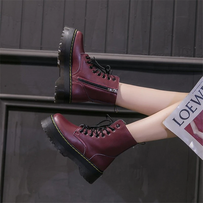 

Winter Motorcycle Women Ankle Snow Boot Soft Leather Wedges Rubber Platform Lace Up Sexy Punk Military Ladies Shoes Botas Mujer