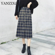 Осень зима Женская прямая клетчатая юбка миди с высокой талией и разрезом в консервативном стиле винтажные женские юбки на пуговицах F022