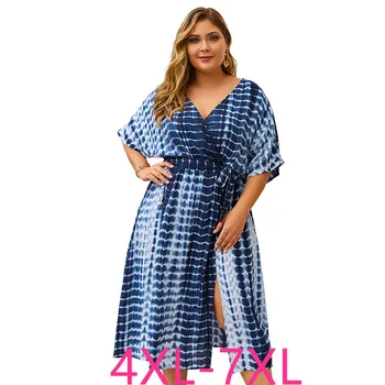 

2019 new summer plus size long dress for women large loose casual print cotton elastic waist V neck dresses belt 4XL 5XL 6XL 7XL